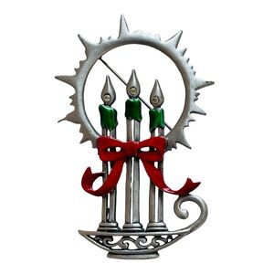 Vintage Signed JJ Pewter And Enamel Christmas Candle Brooch